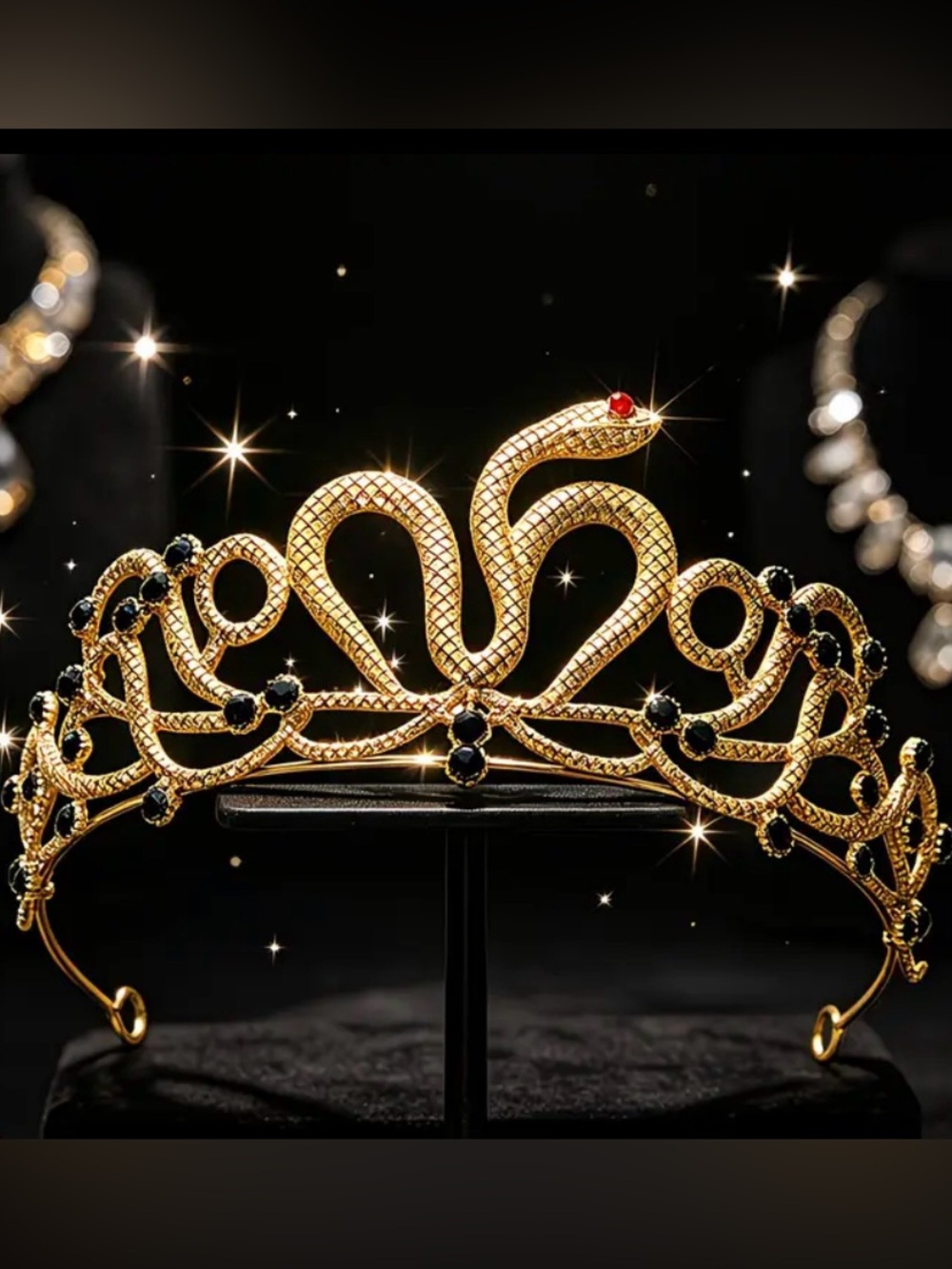 Gold Serpent Tiara with Black and Red Gem Accents